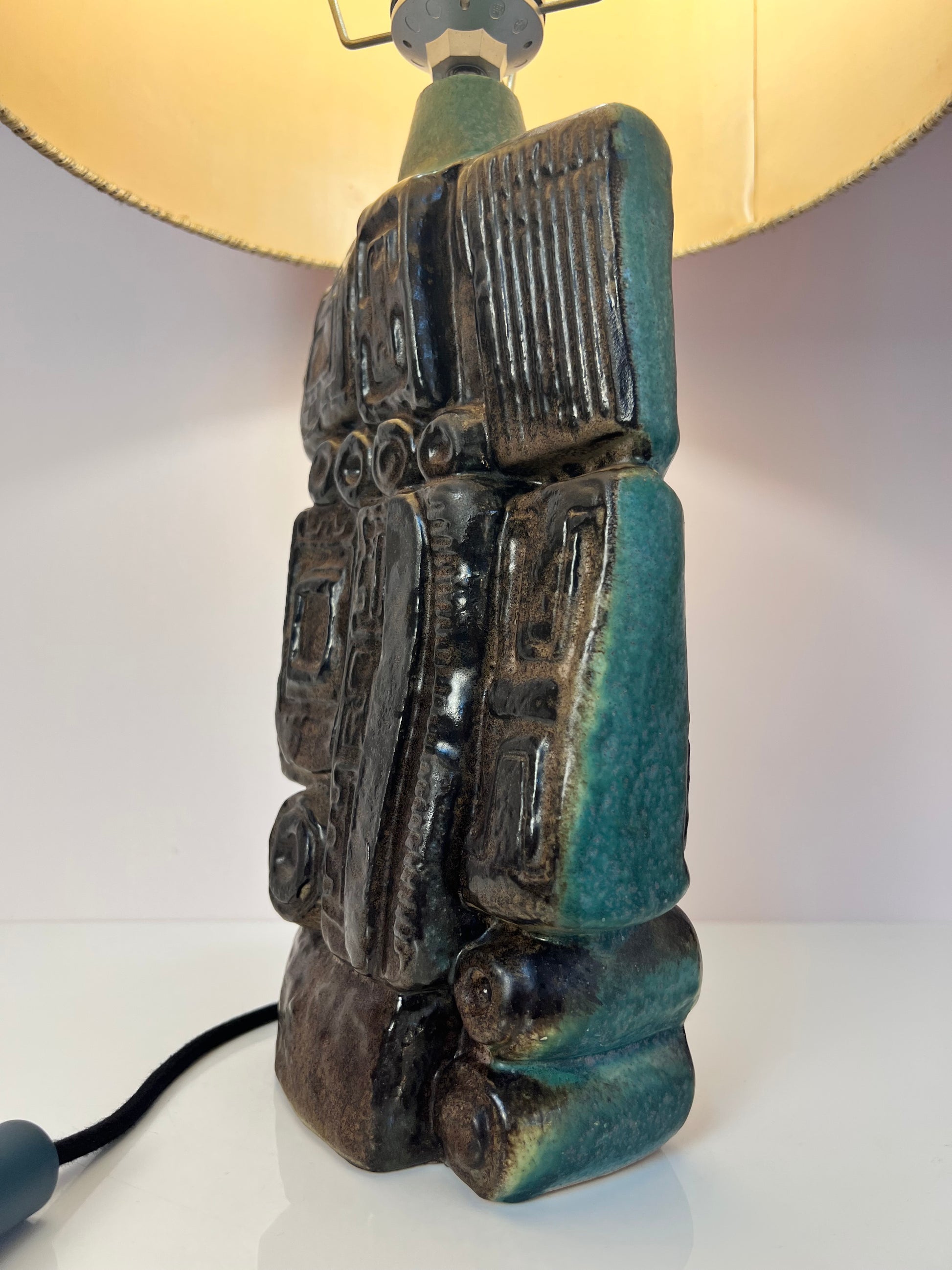 Tischlampe türkis beige Keramik von Bernard Rooke
