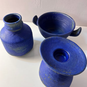 Set: Vase, Kerzenständer & Schale blau von Majolika Keramik Manufaktur