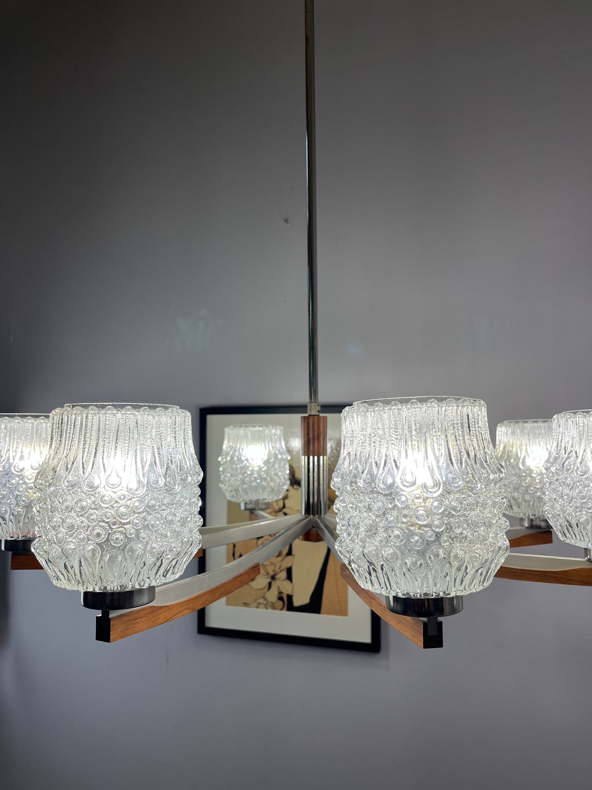 Kronleuchter Teak Metall Bubbleglas