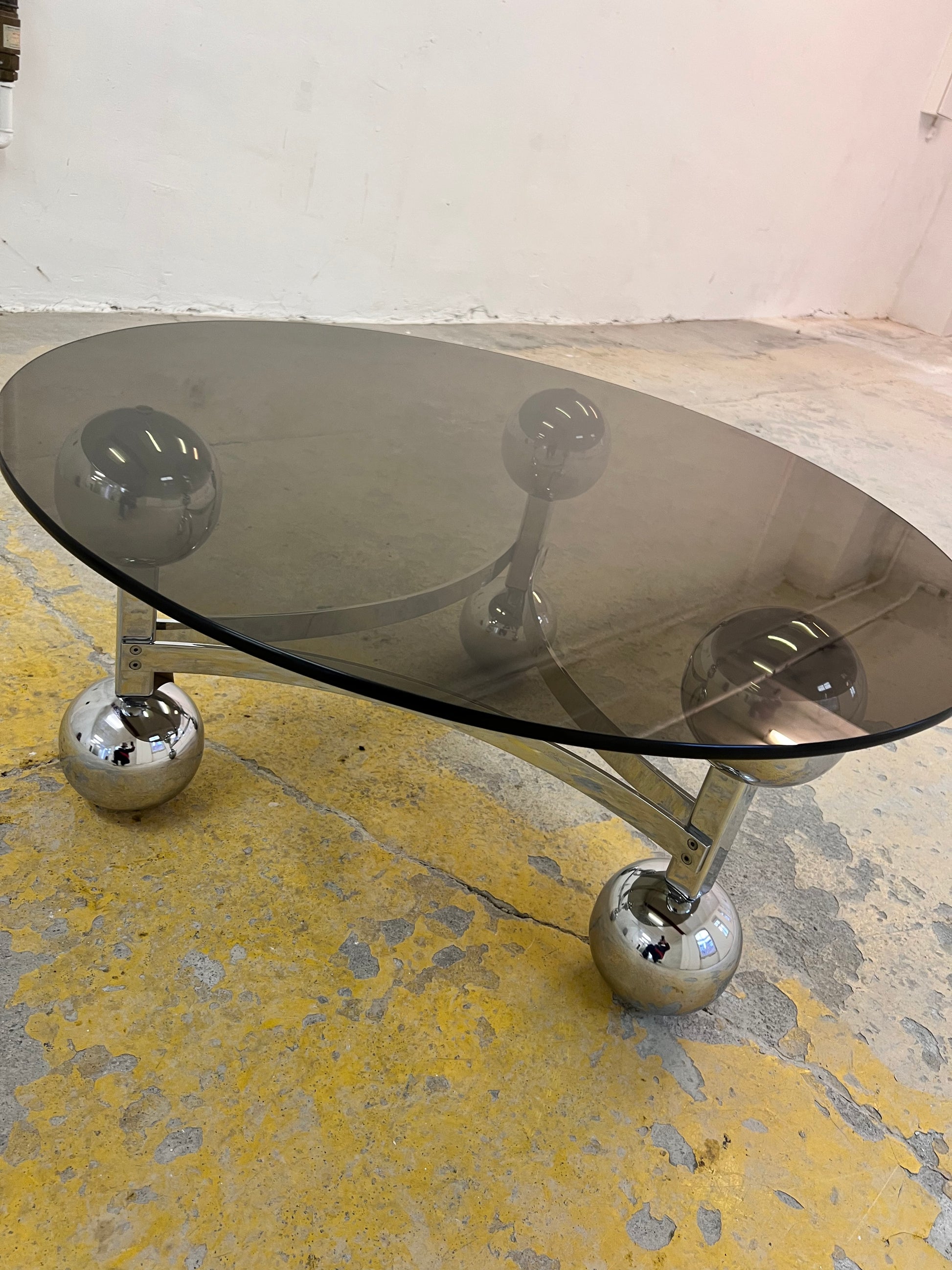 Couchtisch Chrom & Rauchglas 70er Space Age Design