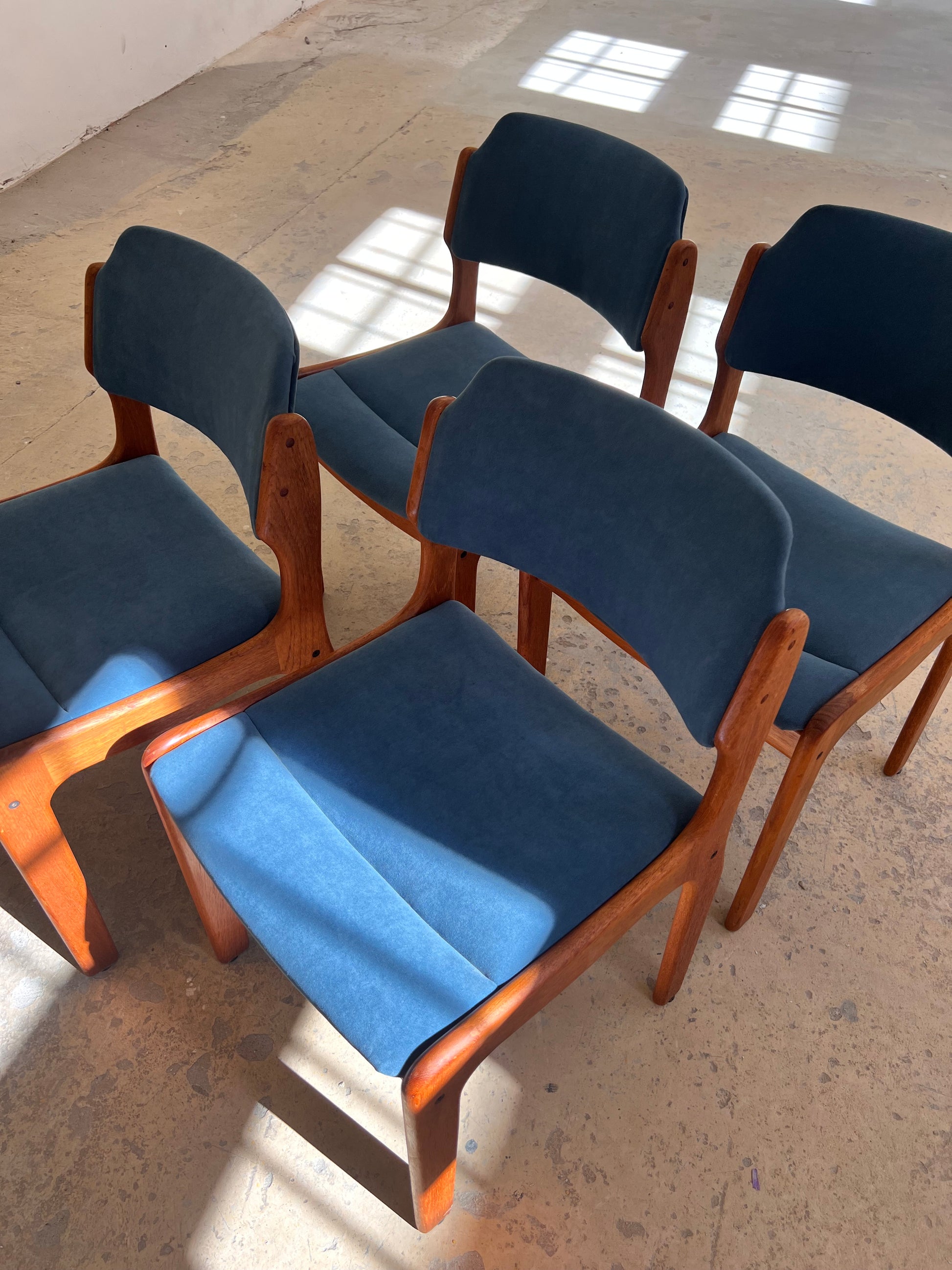 Set: 4x Polsterstuhl blau Teak von Erik Buch für O.D. Møbler