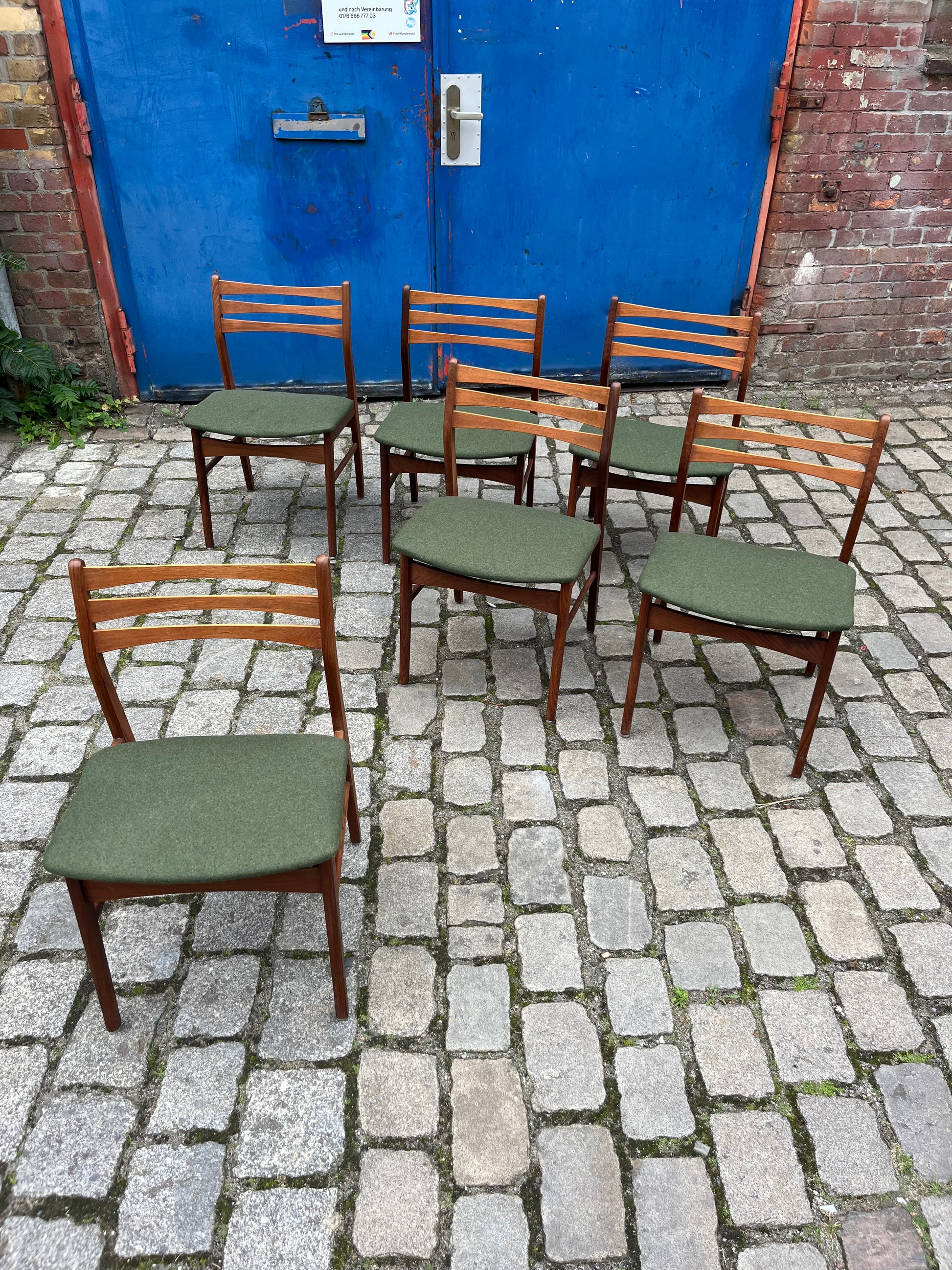 Set: 6x Esszimmerstuhl grün Teak neu gepolstert