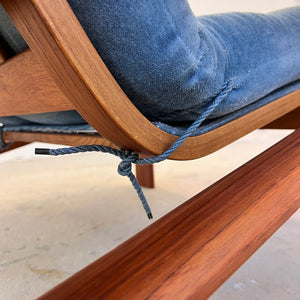 Sessel Loungechair blauer Samt und Teak