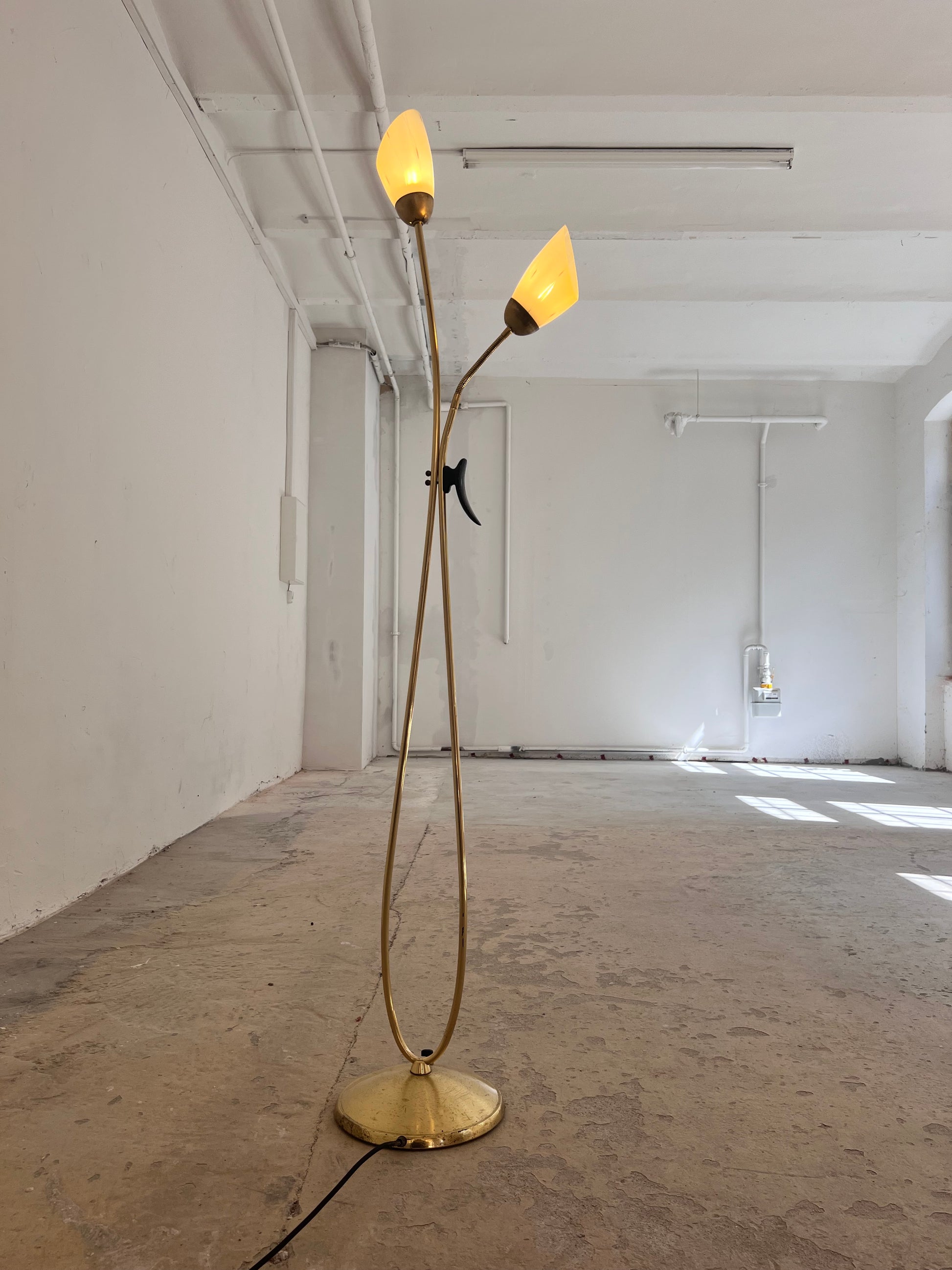 Stehlampe mit zwei Schwanenhalsarmen Messing