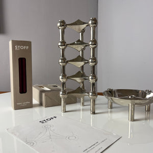 Set: 5 Kerzenständer und 1 Schale mit 3 Packungen Kerzen von Stoff & Nagel