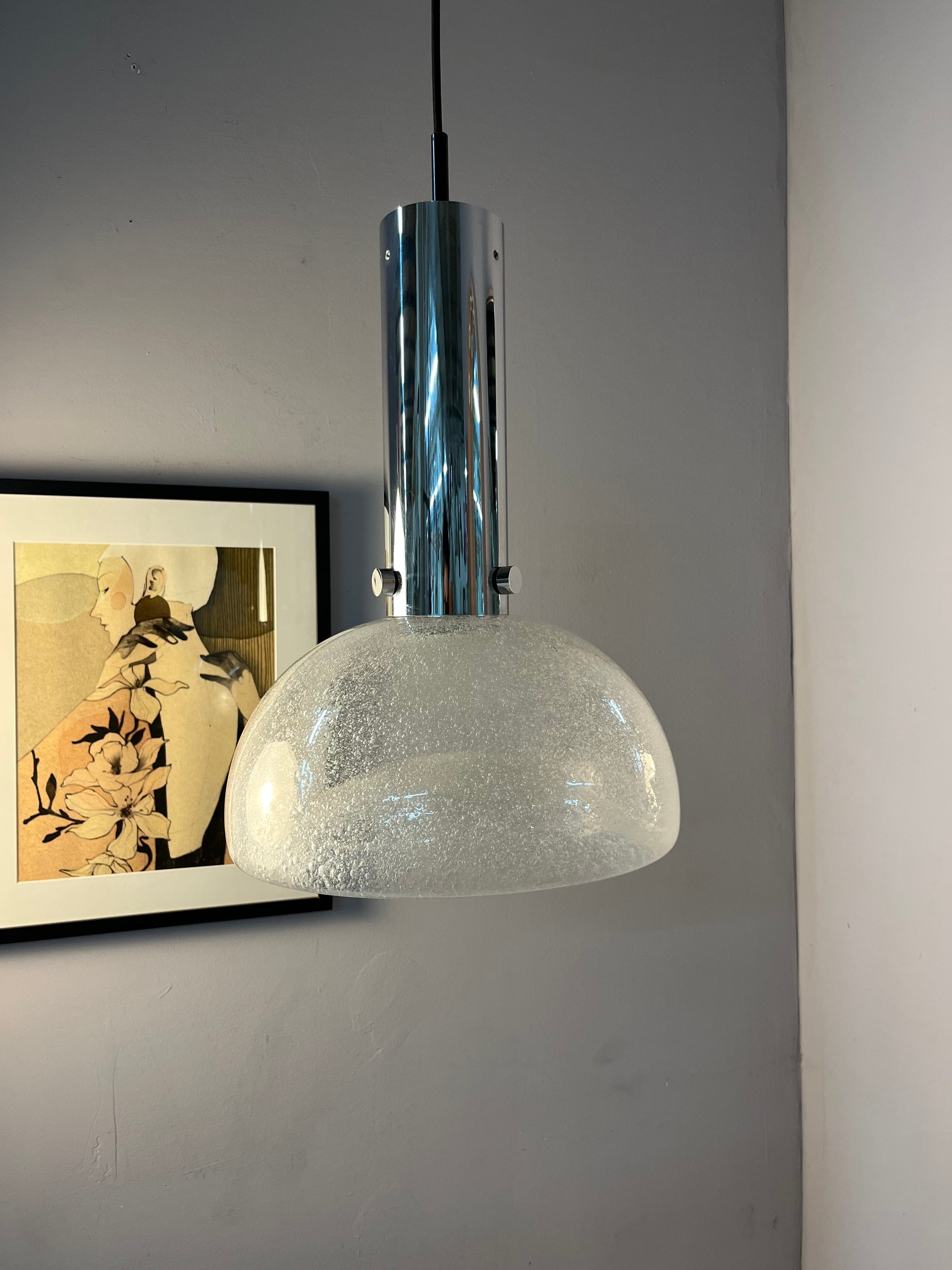 Große Hängelampe Chrom Eisglas von Herbert Proft für Glashütte Limburg