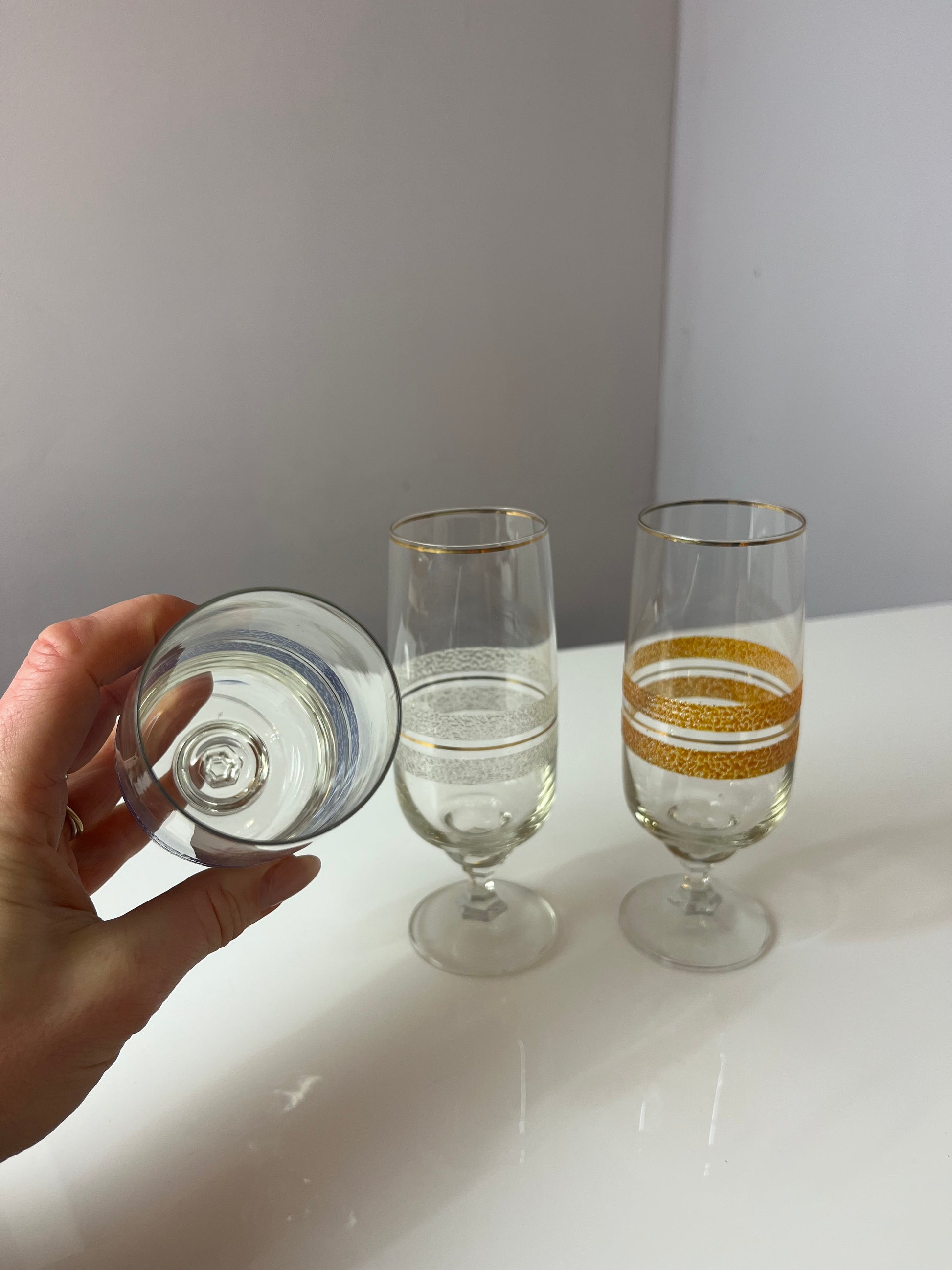 Set: 3x Sektglas blau weiß orange mit Goldrand