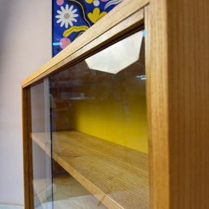 Vitrine Esche mit gelber Rückwand & neuen Chromfüßen von Hellerau