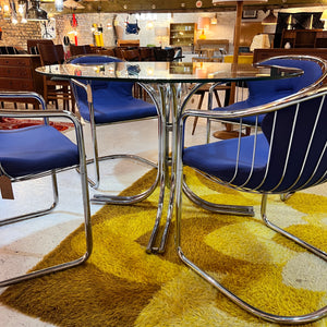 Set: 4x Freischwinger Chrom blau und runder Glastisch von Gastone Rinaldi für Alma