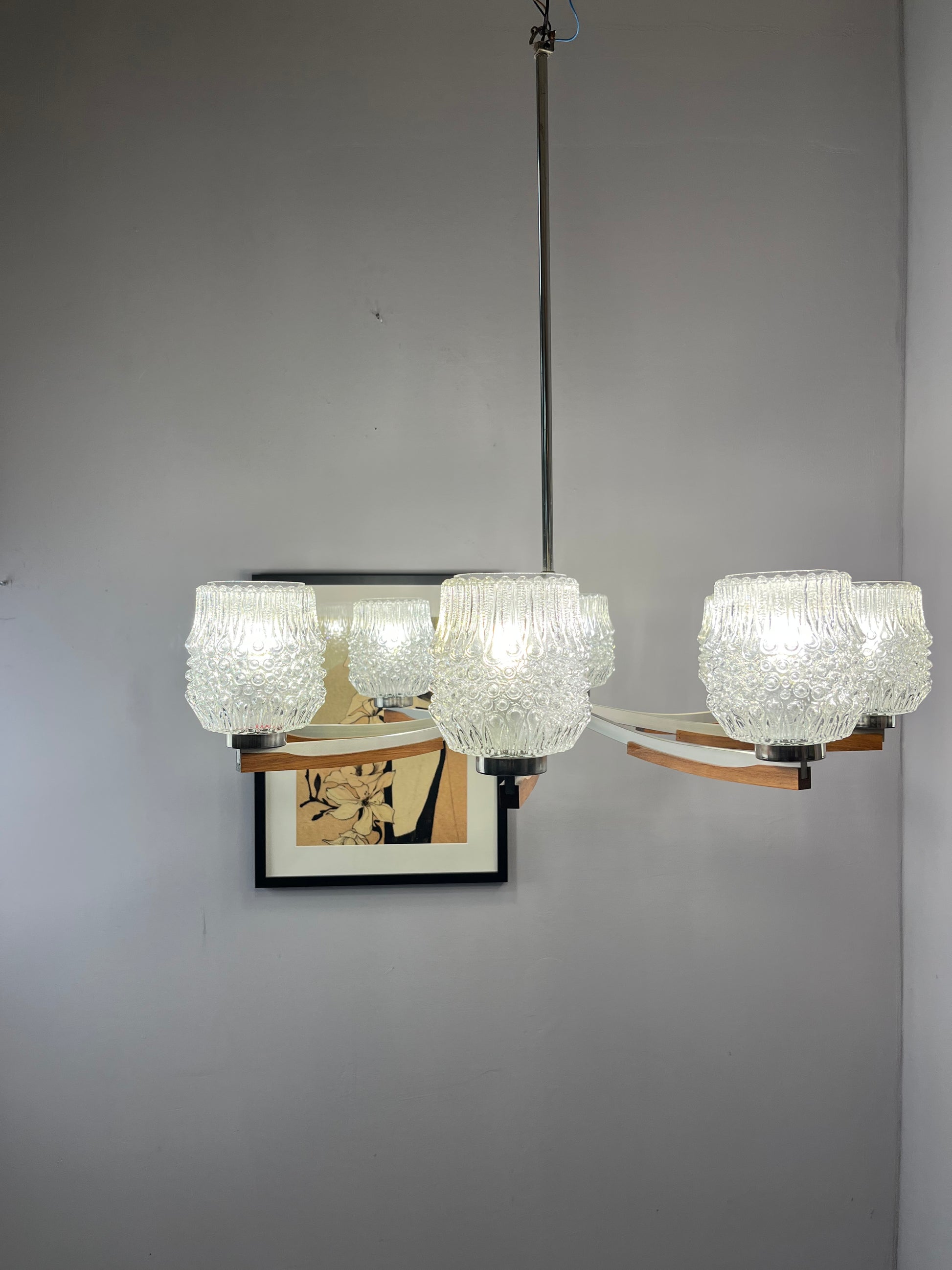 Kronleuchter Teak Metall Bubbleglas