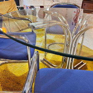 Set: 4x Freischwinger Chrom blau und runder Glastisch von Gastone Rinaldi für Alma