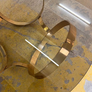 Runder Hesterberg Couchtisch mit Kreisgestell Messing Rauchglas