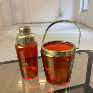 Set: Eiseimer & Cocktailshaker rot Glas Messing von Füger-Glas