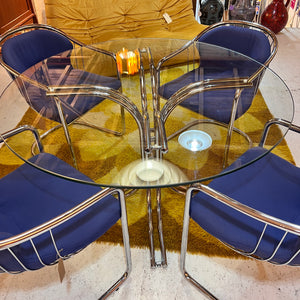 Set: 4x Freischwinger Chrom blau und runder Glastisch von Gastone Rinaldi für Alma