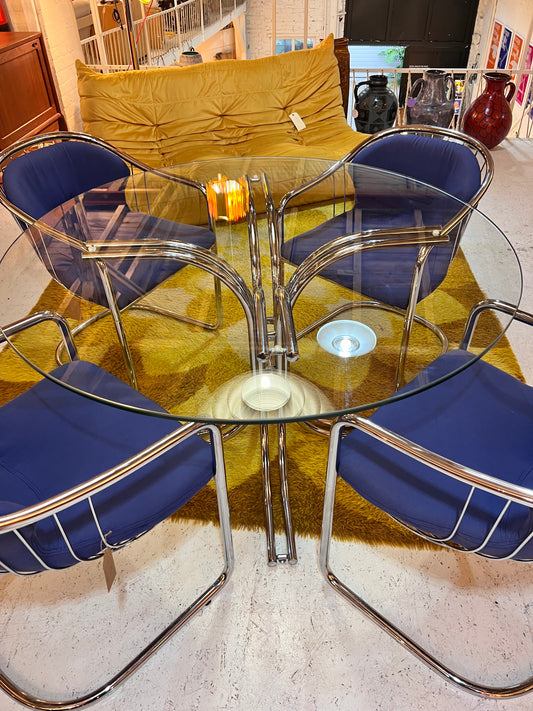 Set: 4x Freischwinger Chrom blau und runder Glastisch von Gastone Rinaldi für Alma