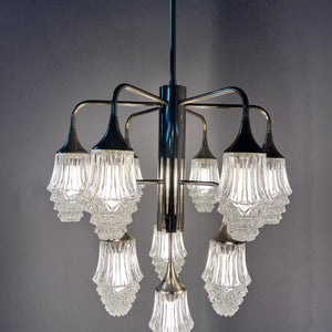 10-flammiger Kronleuchter Glas Chrom von Richard Essig