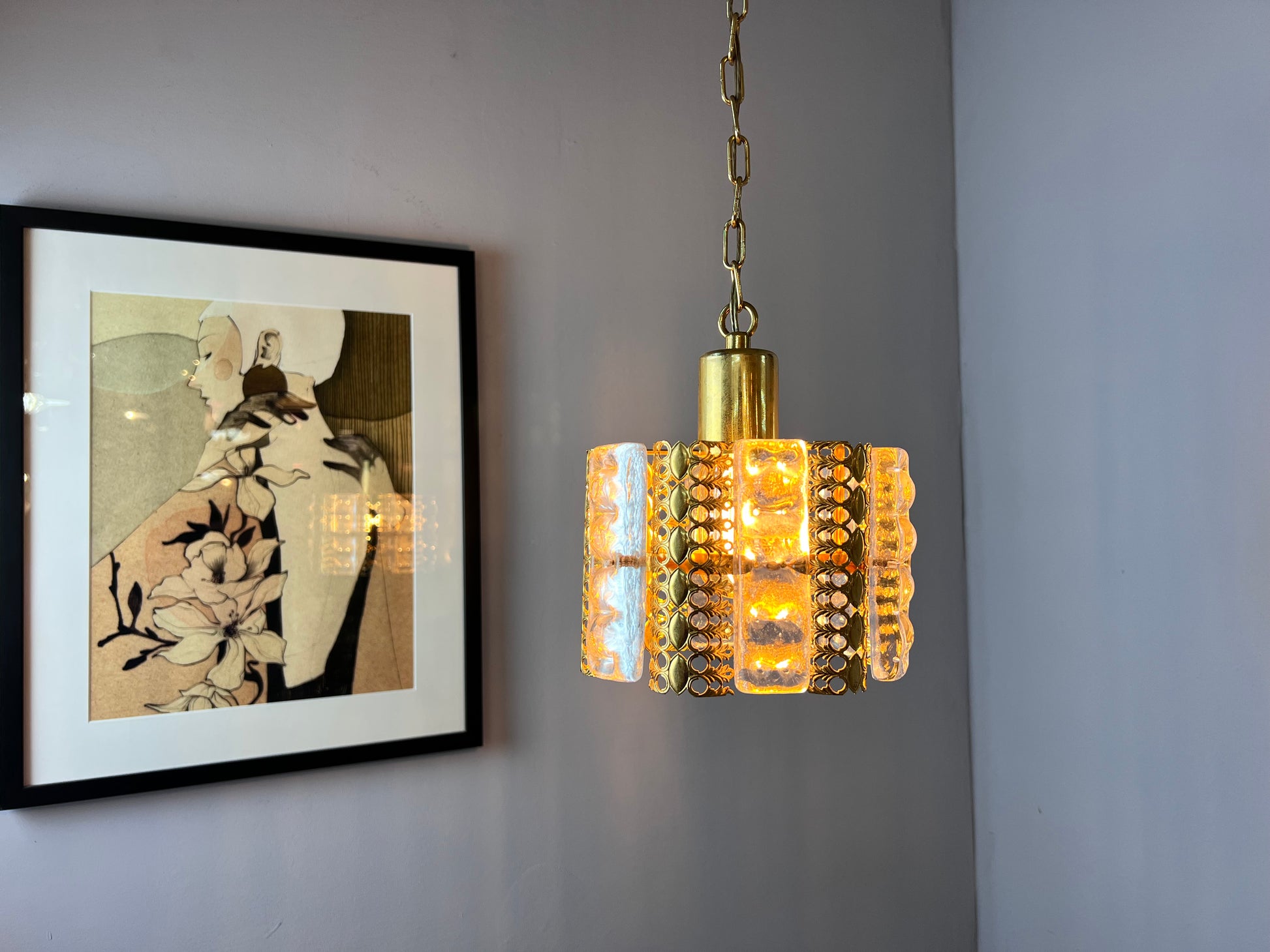 Hängelampe Glas Messing von Carl Fagerlund für Orrefors