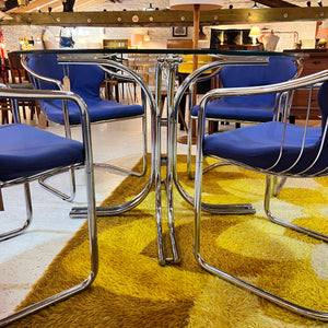 Set: 4x Freischwinger Chrom blau und runder Glastisch von Gastone Rinaldi für Alma