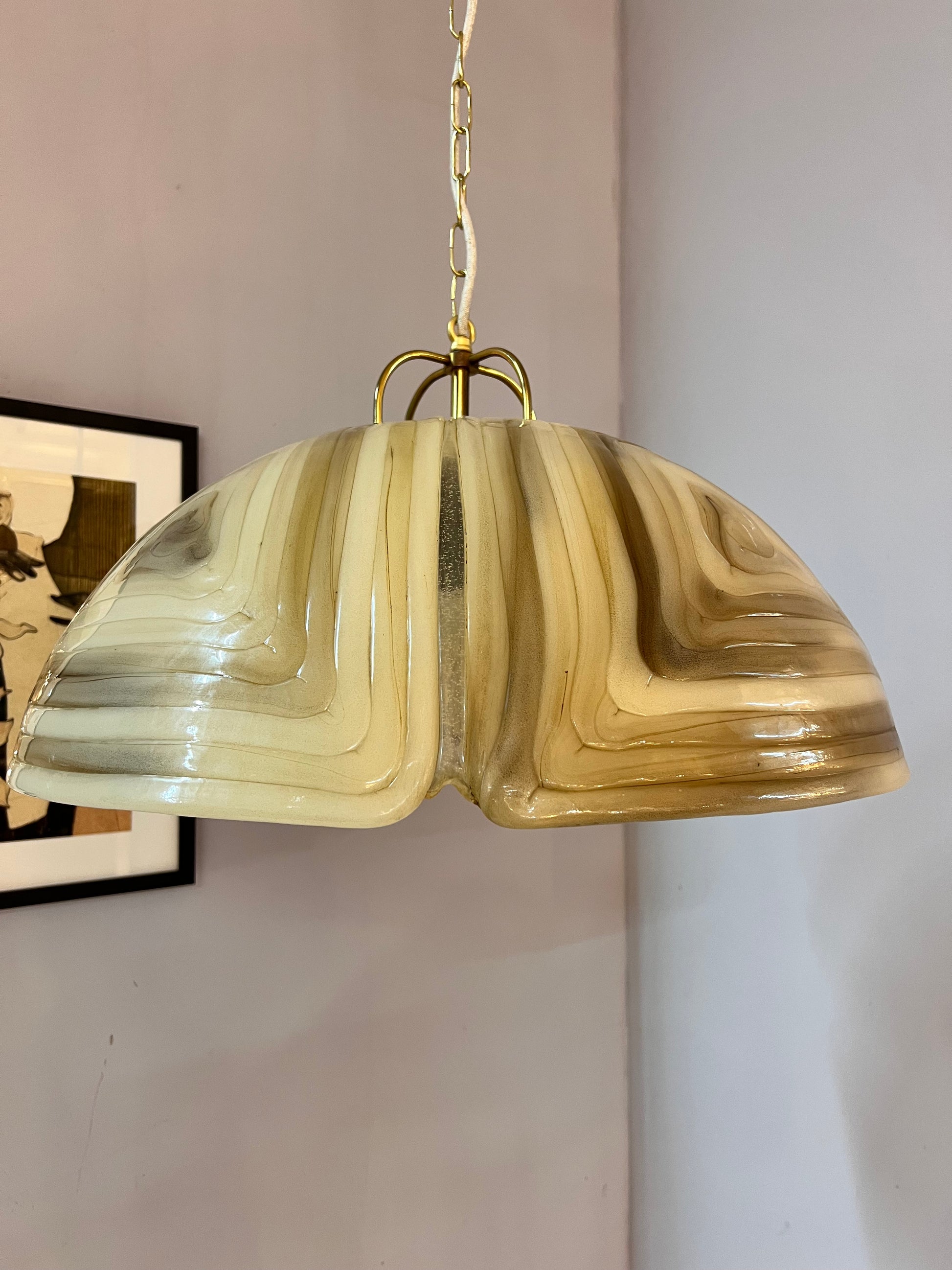 Hängelampe braun Glas Chrom handgearbeitet von Cristallux