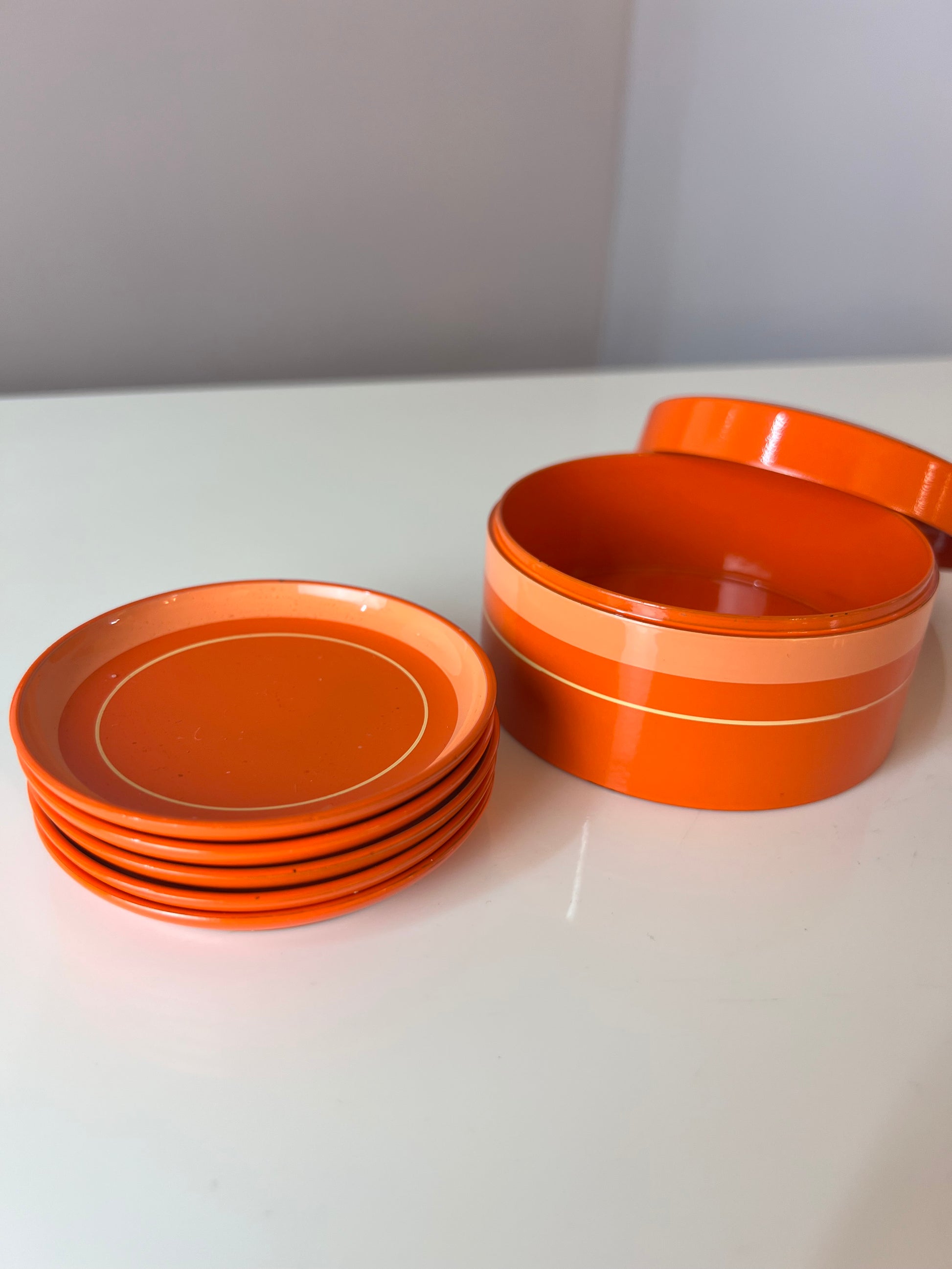 Set: Untersetzer in Dose orange Metall