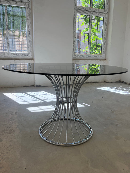 Runder Esstisch Rauchglas Chrom von Gastone Rinaldi für Rima