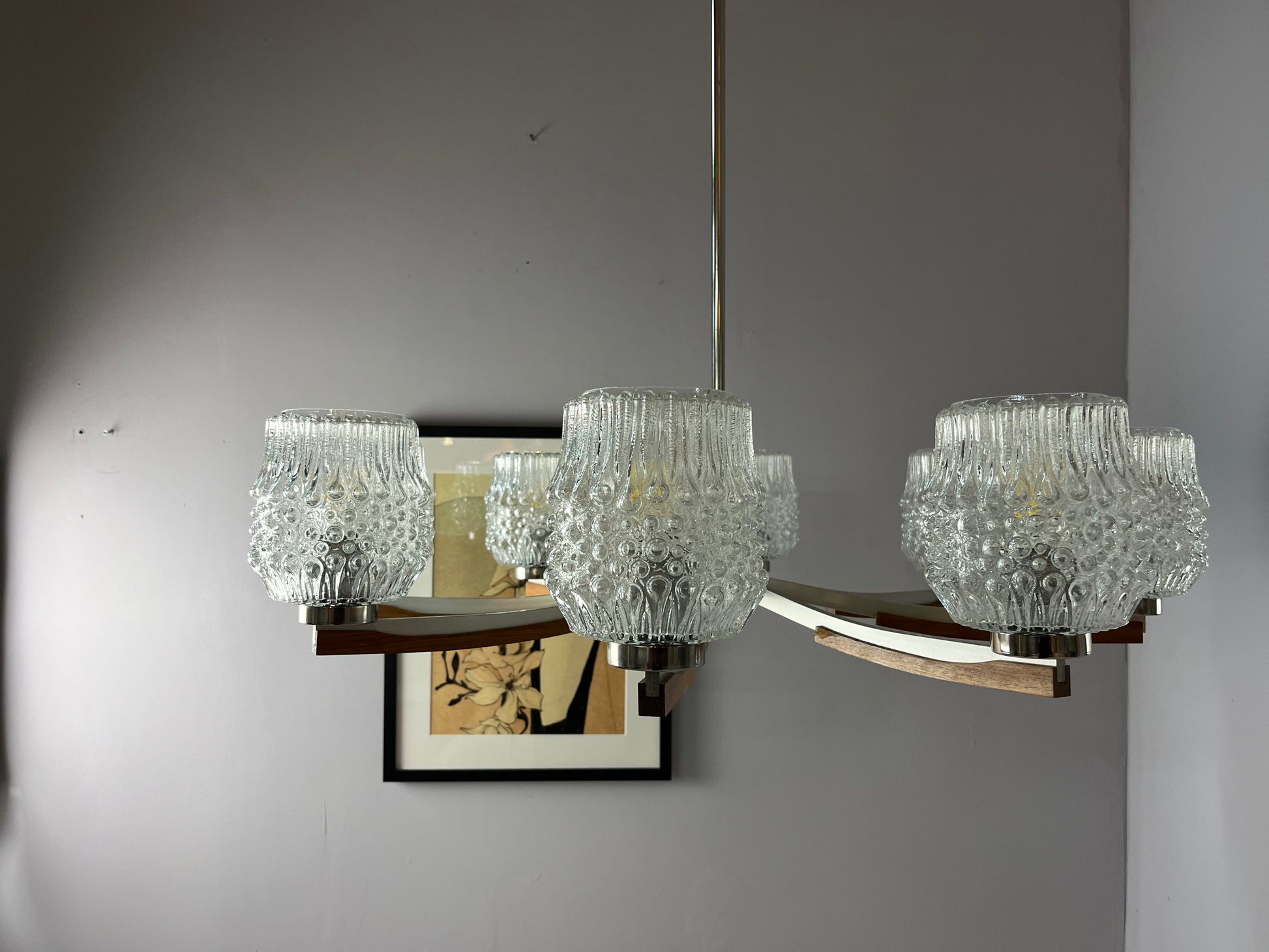 Kronleuchter Teak Metall Bubbleglas