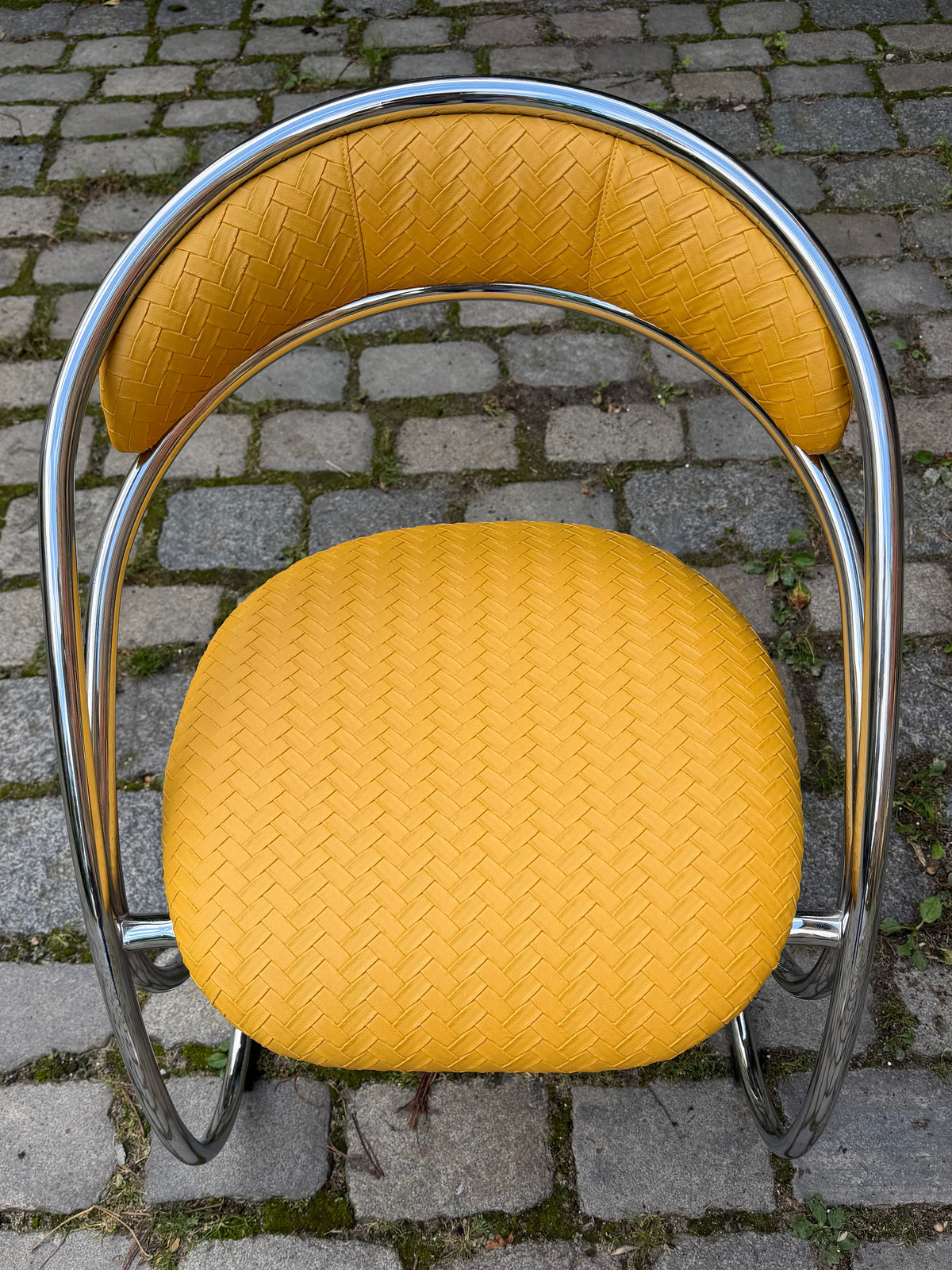 Freischwinger gelb Flechtoptik neu gepolster Leder Chrom