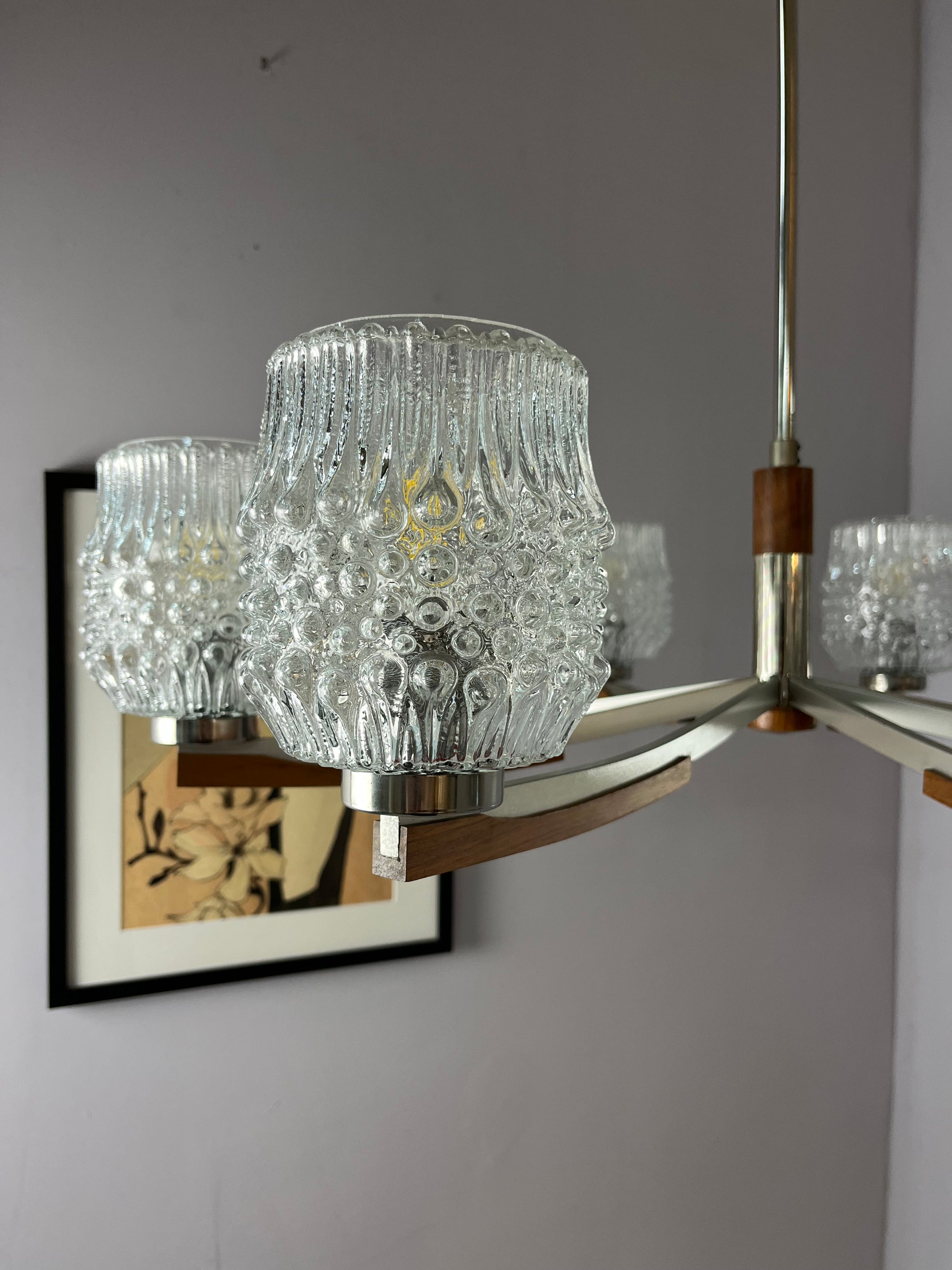 Kronleuchter Teak Metall Bubbleglas