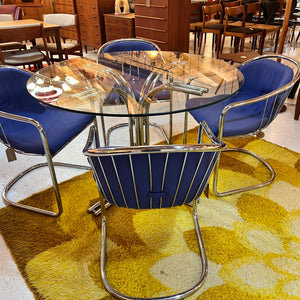 Set: 4x Freischwinger Chrom blau und runder Glastisch von Gastone Rinaldi für Alma