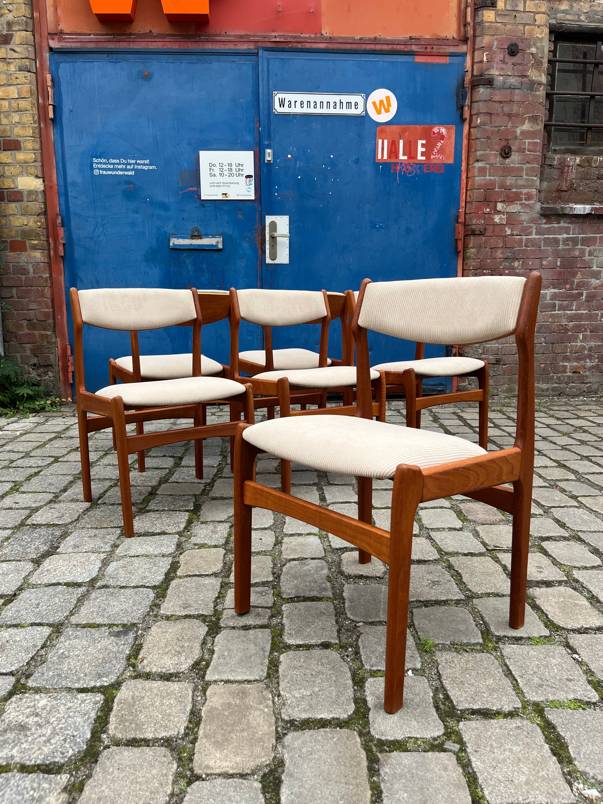 Set: 6x Polsterstuhl beige Teak Cord von Erik Buch