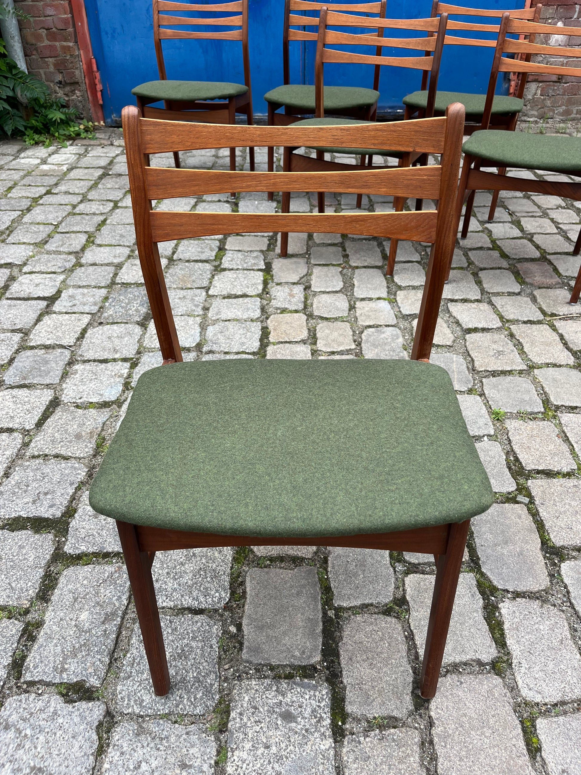 Set: 6x Esszimmerstuhl grün Teak neu gepolstert