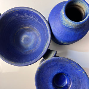 Set: Vase, Kerzenständer & Schale blau von Majolika Keramik Manufaktur
