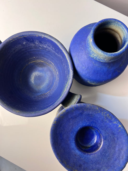 Set: Vase, Kerzenständer & Schale blau von Majolika Keramik Manufaktur