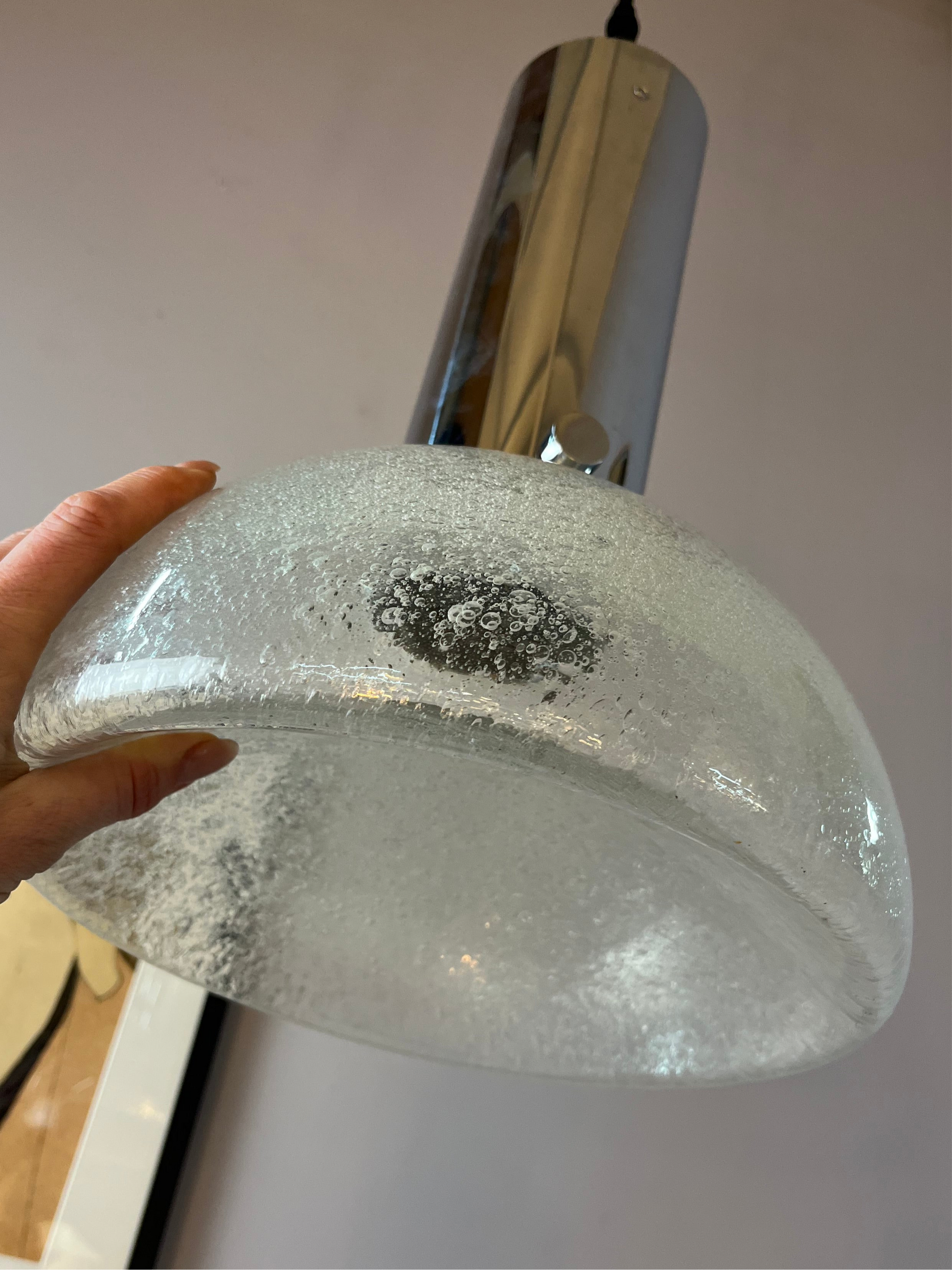 Hängelampe Chrom Eisglas von Herbert Proft für Glashütte Limburg