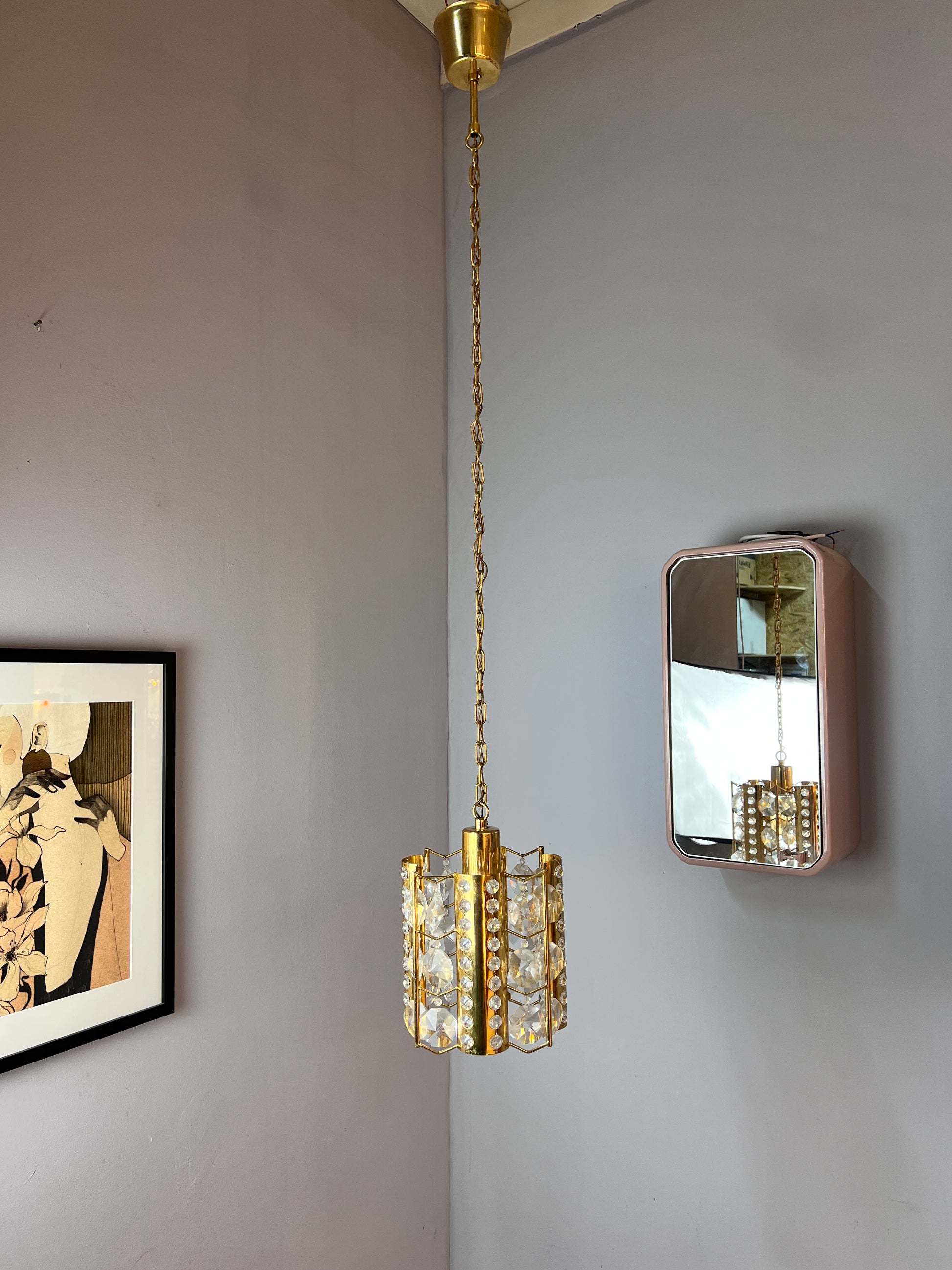 Hängelampe Messing Kristalle von Palwa