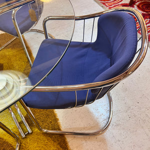 Set: 4x Freischwinger Chrom blau und runder Glastisch von Gastone Rinaldi für Alma