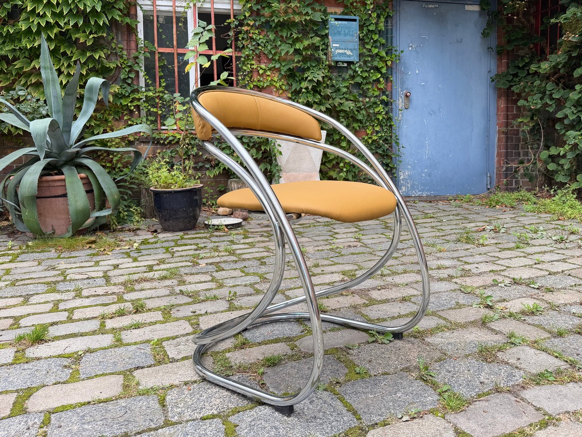 Freischwinger senfgelb neu gepolster Leder Chrom