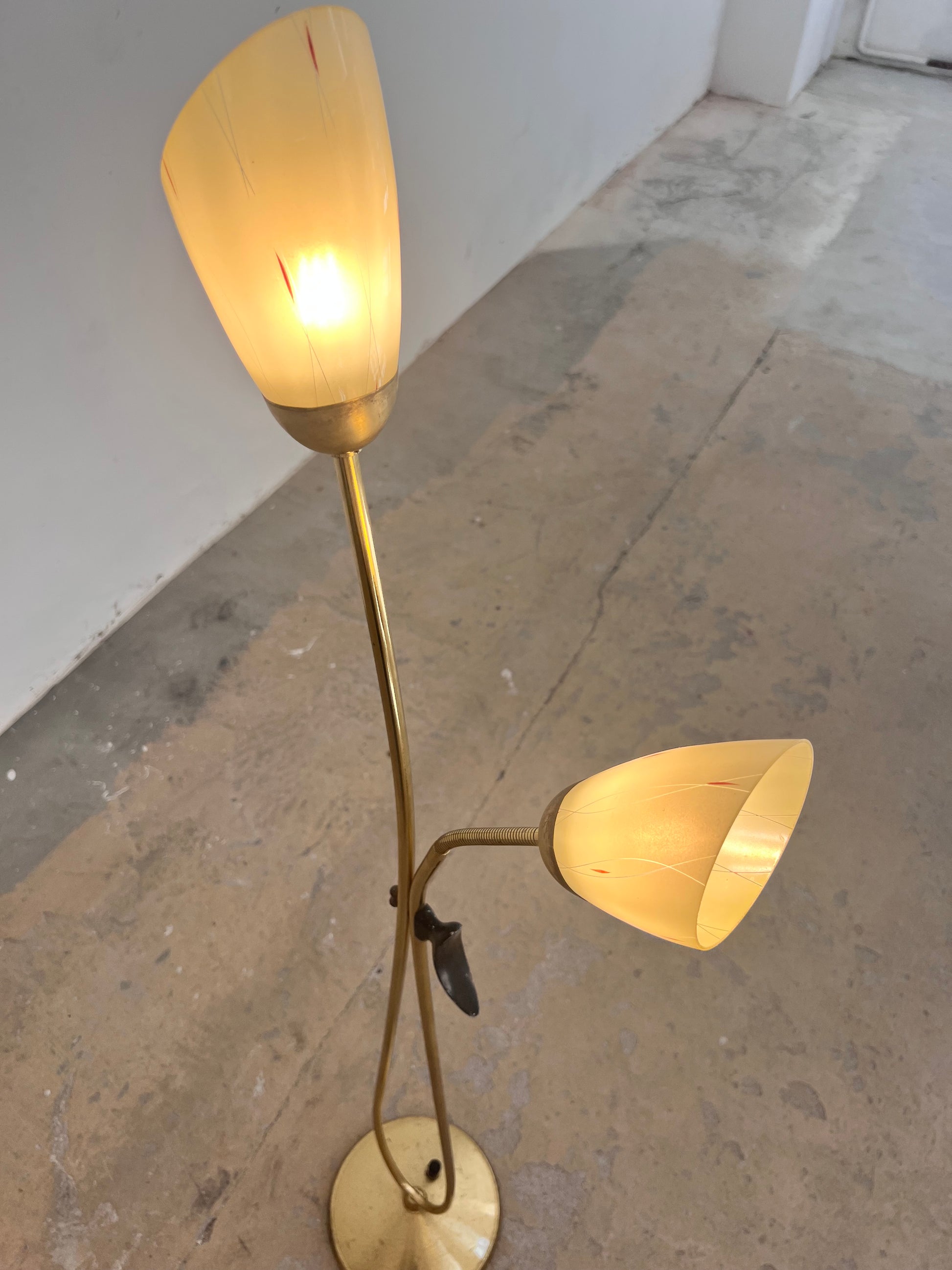 Stehlampe mit zwei Schwanenhalsarmen Messing