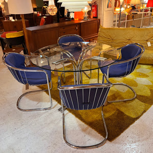 Set: 4x Freischwinger Chrom blau und runder Glastisch von Gastone Rinaldi für Alma
