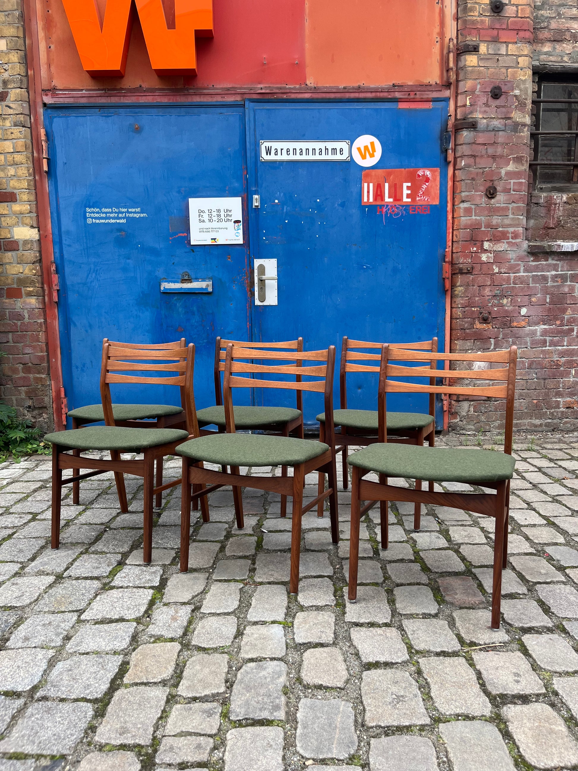 Set: 6x Esszimmerstuhl grün Teak neu gepolstert