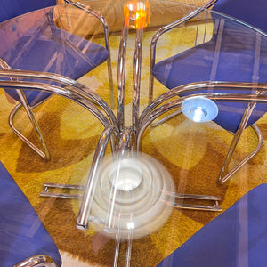 Set: 4x Freischwinger Chrom blau und runder Glastisch von Gastone Rinaldi für Alma