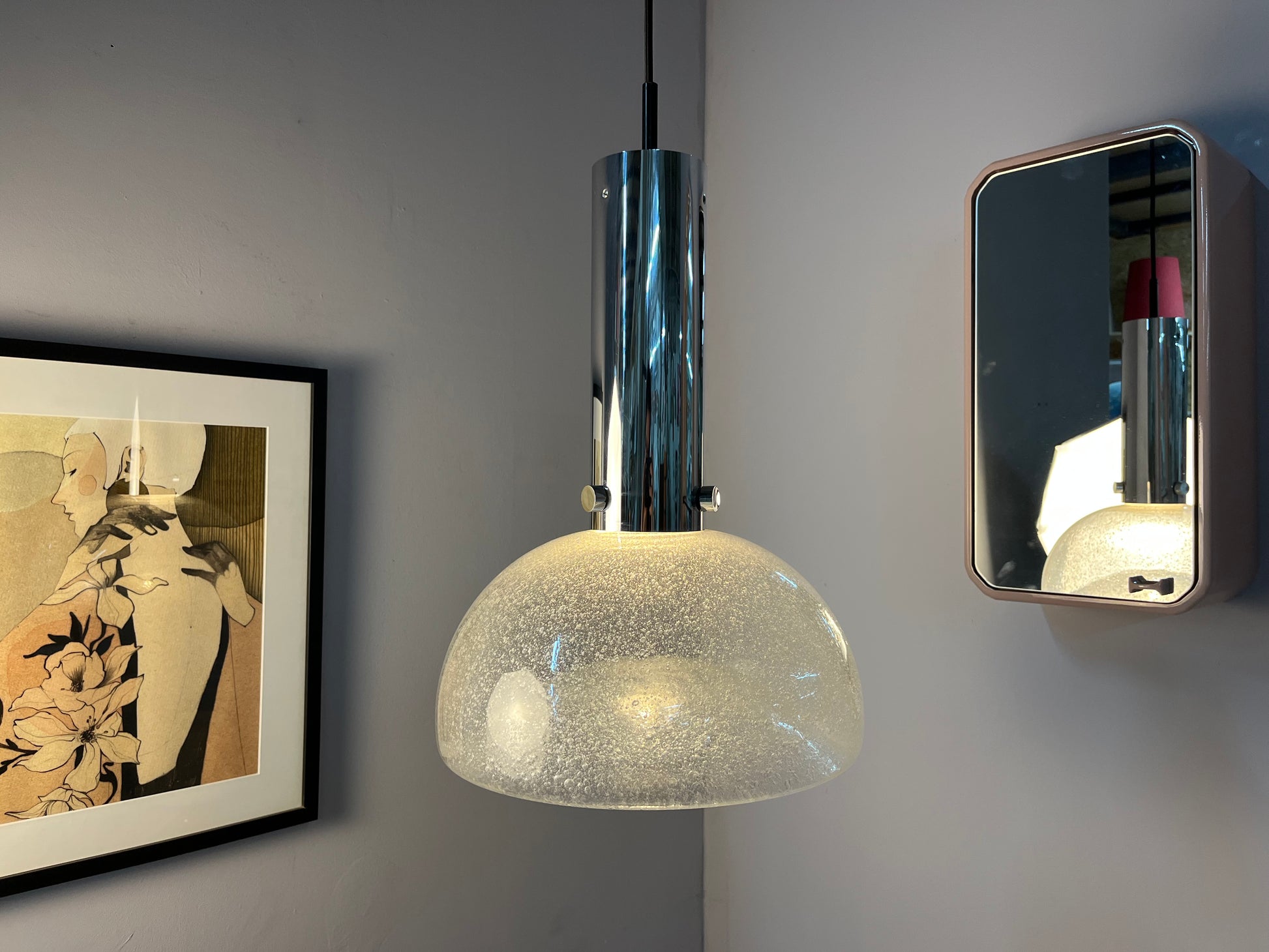 Große Hängelampe Chrom Eisglas von Herbert Proft für Glashütte Limburg