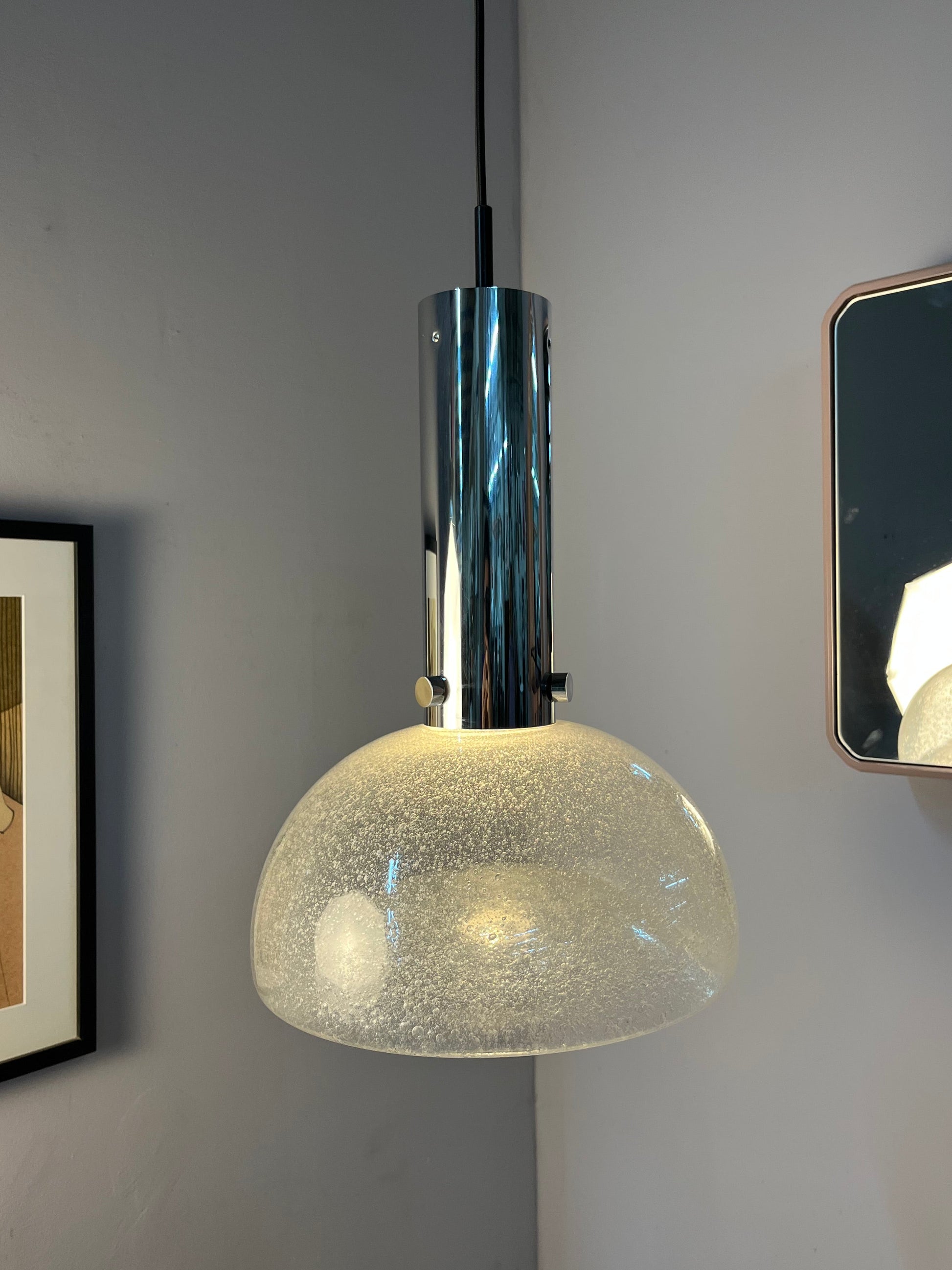 Große Hängelampe Chrom Eisglas von Herbert Proft für Glashütte Limburg