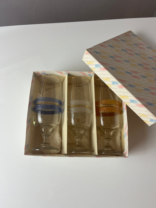 Set: 3x Sektglas blau weiß orange mit Goldrand