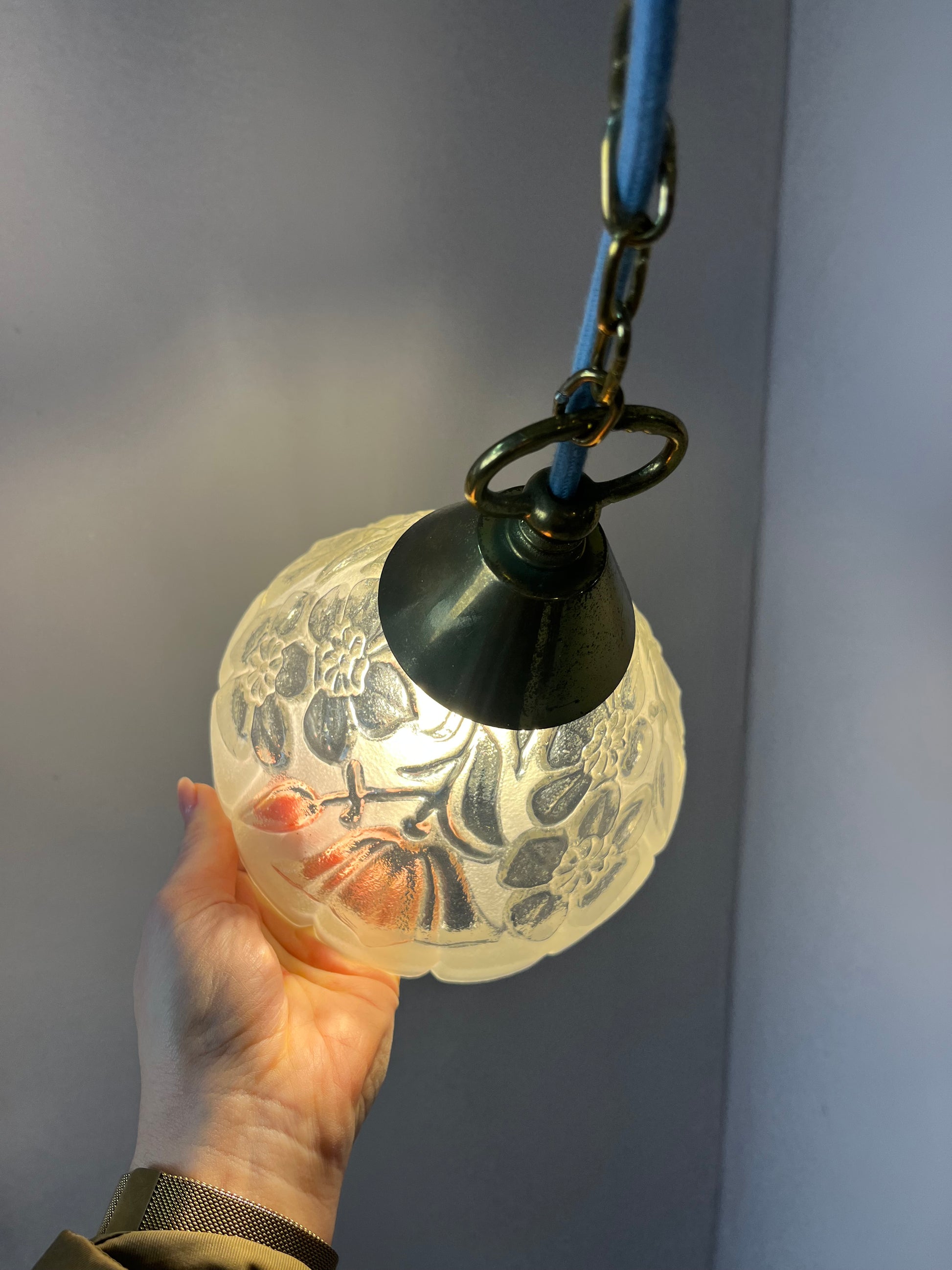 Hängelampe Glas Messing mit Kette aus Dänemark