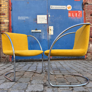 Freischwinger „Lens“ senfgelb Cord & Chrom von Giovanni Offredi für Saporiti Italia