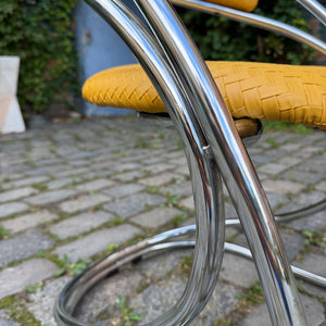 Freischwinger gelb Flechtoptik neu gepolster Leder Chrom