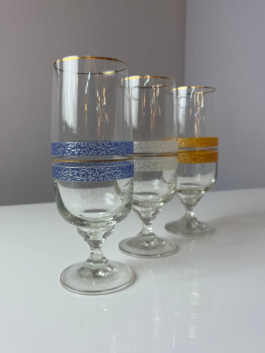 Set: 3x Sektglas blau weiß orange mit Goldrand