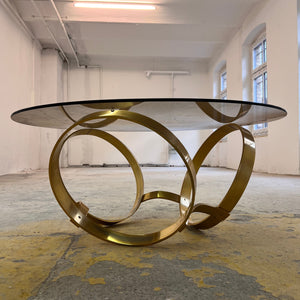 Runder Hesterberg Couchtisch mit Kreisgestell Messing Rauchglas