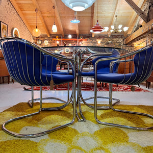 Set: 4x Freischwinger Chrom blau und runder Glastisch von Gastone Rinaldi für Alma